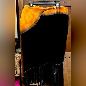 Leather & Swede black & tan wrap around fringe skirt